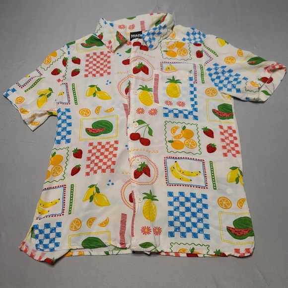 Mad Engine Fruit Print Button Down Shirt Women Small White Multi Kitschy Retro - Picture 3 of 7